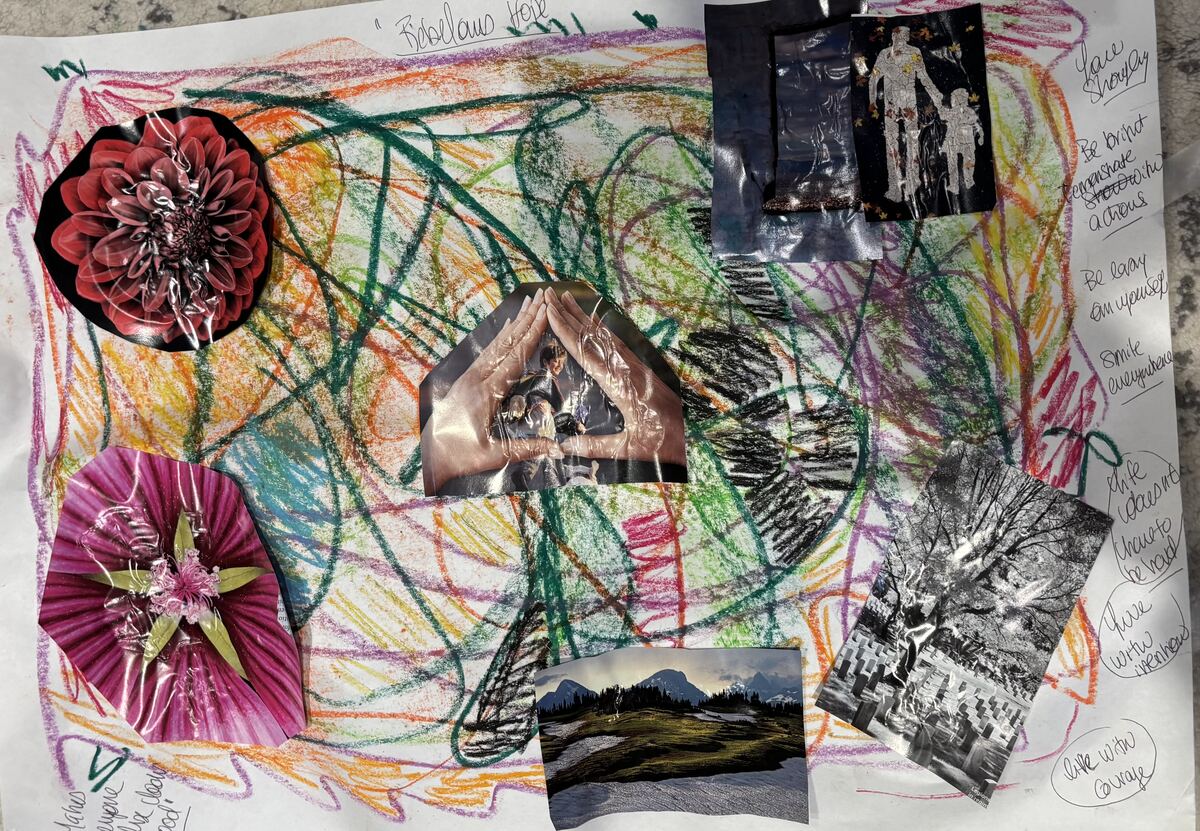 Colourful mixed-media collage with crayon drawing, photographs, and handwritten words