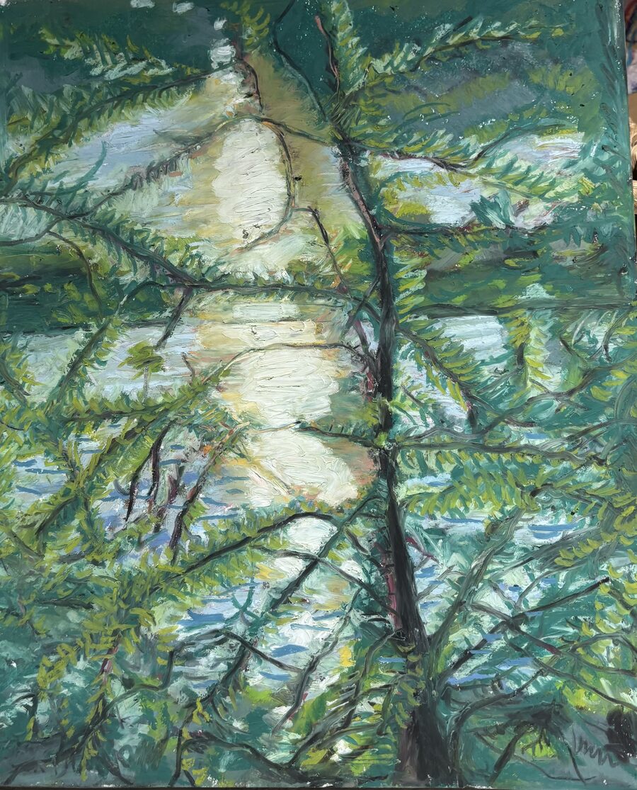 Oil painting by Pamela Vialoux — looking up through green forest branches toward light on water