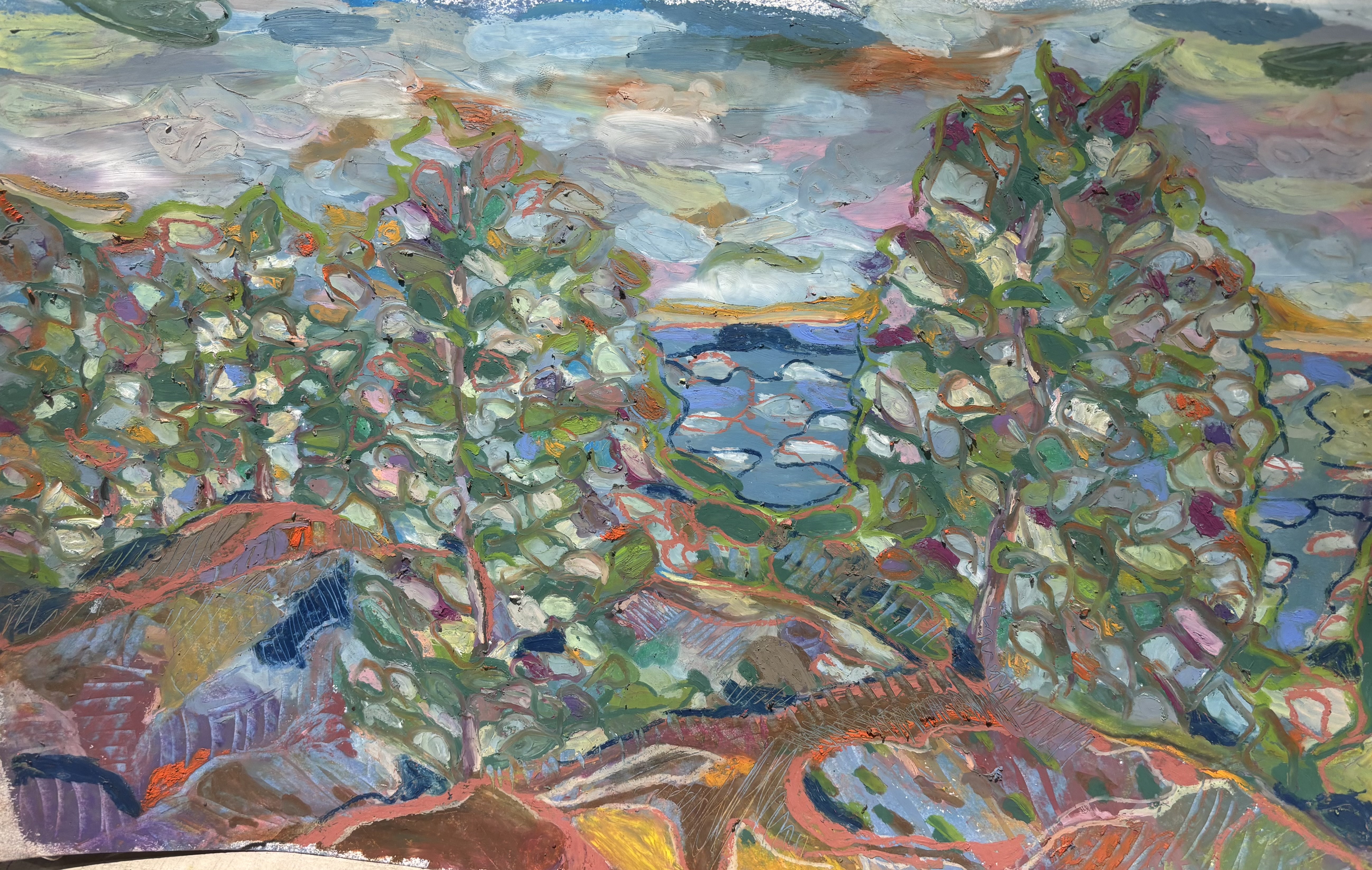 Landscape painting by Pamela Vialoux — trees and lake in expressive pastel